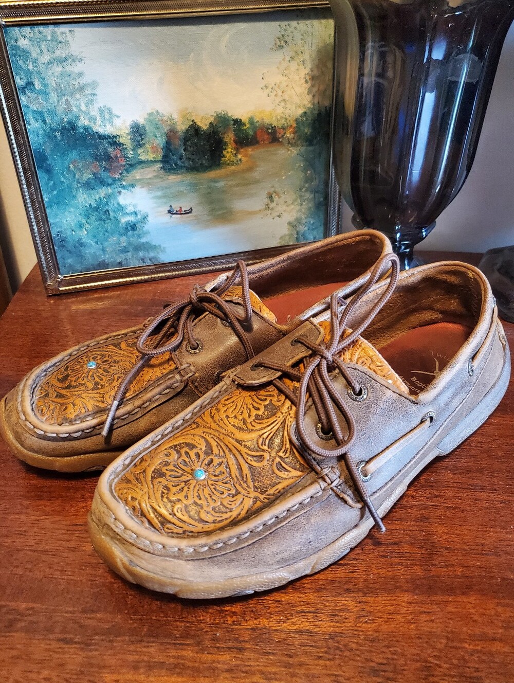 Twisted X WDM0092 Brown Leather Tooled Driving Moc Shoes With Turquoise Stone 8